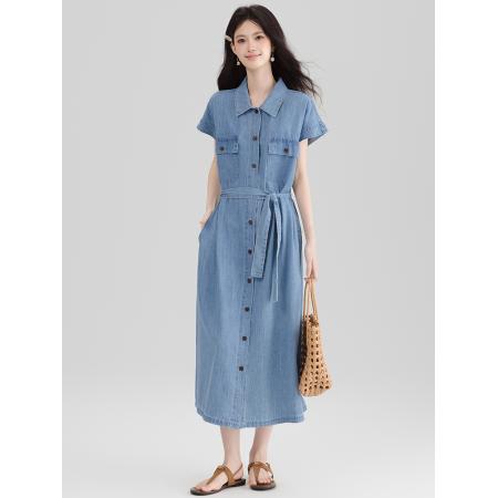 BY13362# 法式复古气质绑带收腰牛仔连衣裙女新款夏季漂亮短袖裙子 服裝批發女裝批發服飾貨源