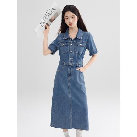 BY13363# 复古连衣裙气质高端女神范高级感夏季新款女装拉毛短袖牛仔裙 服裝批發女裝批發服飾貨源