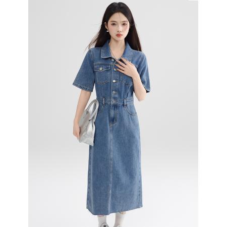 BY13363# 复古连衣裙气质高端女神范高级感夏季新款女装拉毛短袖牛仔裙 服裝批發女裝批發服飾貨源