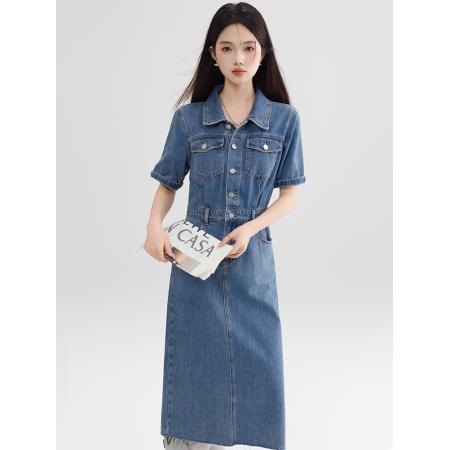 BY13363# 复古连衣裙气质高端女神范高级感夏季新款女装拉毛短袖牛仔裙 服裝批發女裝批發服飾貨源