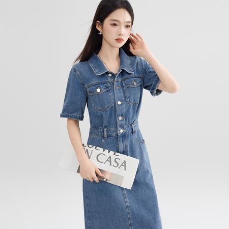 BY13363# 复古连衣裙气质高端女神范高级感夏季新款女装拉毛短袖牛仔裙 服裝批發女裝批發服飾貨源