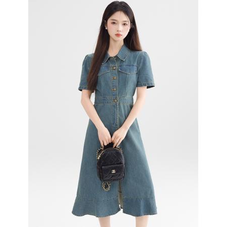 BY13364# 蓝色复古牛仔连衣裙女中长款夏新款韩版修身显瘦轻熟风衬衫裙 服裝批發女裝批發服飾貨源