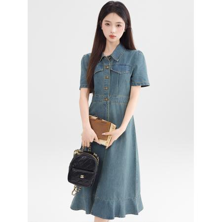 BY13364# 蓝色复古牛仔连衣裙女中长款夏新款韩版修身显瘦轻熟风衬衫裙 服裝批發女裝批發服飾貨源