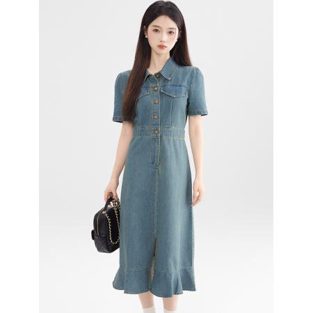 BY13364# 蓝色复古牛仔连衣裙女中长款夏新款韩版修身显瘦轻熟风衬衫裙 服裝批發女裝批發服飾貨源