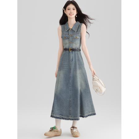 BY13365# 港风复古挂脖牛仔连衣裙女夏季独特气质露肩无袖长裙子显瘦 服裝批發女裝批發服飾貨源