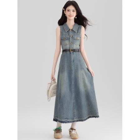 BY13365# 港风复古挂脖牛仔连衣裙女夏季独特气质露肩无袖长裙子显瘦 服裝批發女裝批發服飾貨源