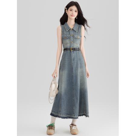 BY13365# 港风复古挂脖牛仔连衣裙女夏季独特气质露肩无袖长裙子显瘦 服裝批發女裝批發服飾貨源