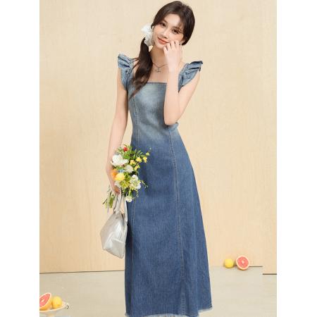 BY13366# 法式复古渐变牛仔连衣裙女夏季气质别致收腰开叉吊带长裙子 服裝批發女裝批發服飾貨源