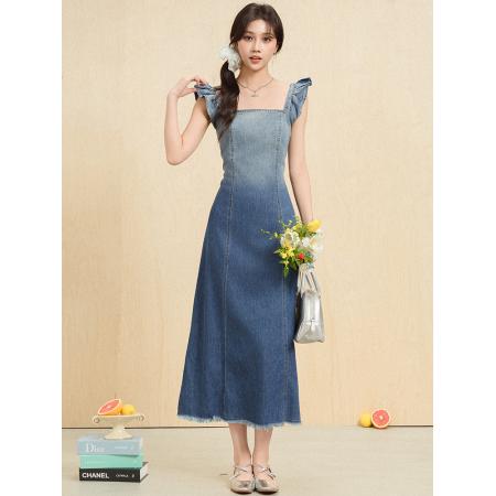 BY13366# 法式复古渐变牛仔连衣裙女夏季气质别致收腰开叉吊带长裙子 服裝批發女裝批發服飾貨源