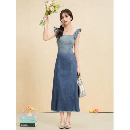 BY13366# 法式复古渐变牛仔连衣裙女夏季气质别致收腰开叉吊带长裙子 服裝批發女裝批發服飾貨源