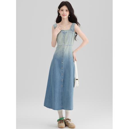 BY13369# 渐变色复古牛仔背心吊带连衣裙女夏气质收腰毛边大摆A字长裙 服裝批發女裝批發服飾貨源