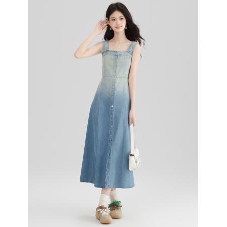 BY13369# 渐变色复古牛仔背心吊带连衣裙女夏气质收腰毛边大摆A字长裙 服裝批發女裝批發服飾貨源