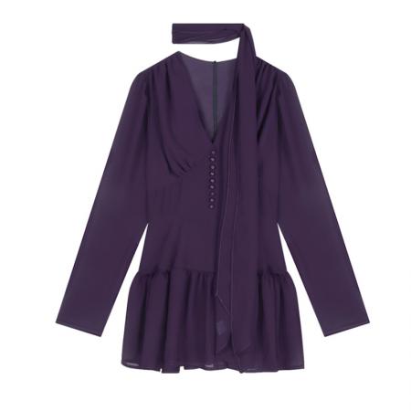 BY13370# 黑色v领长袖雪纺连衣裙女早秋修身气质短裙御姐轻熟风收腰a字裙子 服裝批發女裝批發服飾貨源