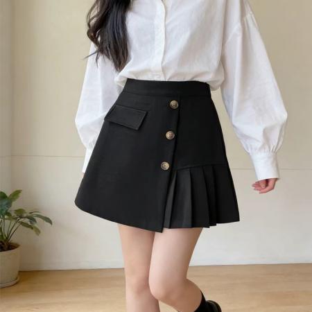 BY13371# 春夏新款高腰短裙显瘦黑色不规则裙子包臀a字裙百褶半身裤裙 服裝批發女裝批發服飾貨源