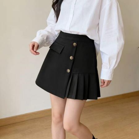 BY13371# 春夏新款高腰短裙显瘦黑色不规则裙子包臀a字裙百褶半身裤裙 服裝批發女裝批發服飾貨源