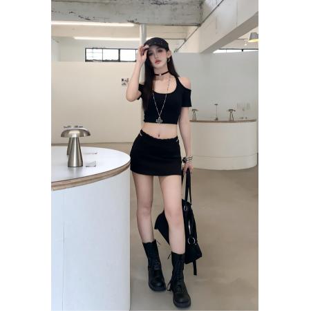 BY13372# 夏季辣妹字母烫钻假两件拼蕾丝花边低腰A字防走光半身裙 服裝批發女裝批發服飾貨源