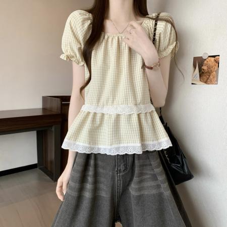 BY13374# 新版法式设计感拼接格子衬衫夏季泡泡袖短袖衬衫上衣 服裝批發女裝批發服飾貨源