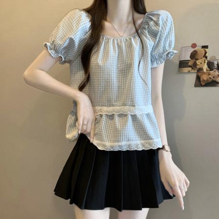 BY13374# 新版法式设计感拼接格子衬衫夏季泡泡袖短袖衬衫上衣 服裝批發女裝批發服飾貨源