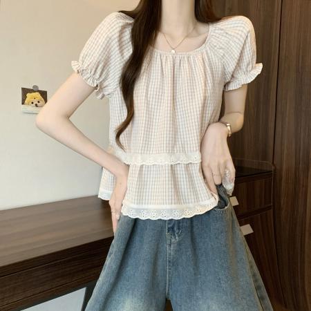 BY13374# 新版法式设计感拼接格子衬衫夏季泡泡袖短袖衬衫上衣 服裝批發女裝批發服飾貨源