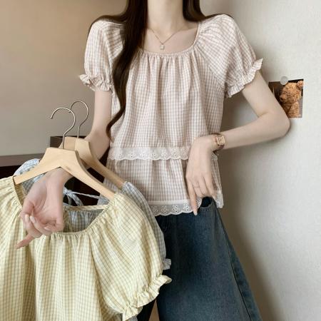 BY13374# 新版法式设计感拼接格子衬衫夏季泡泡袖短袖衬衫上衣 服裝批發女裝批發服飾貨源