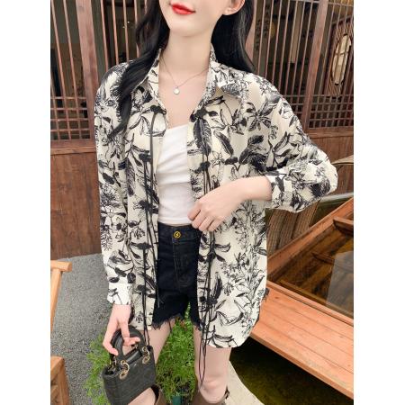 BY13375# 夏季复古水墨印花防晒衬衫设计感小众宽松国风上衣开衫 服裝批發女裝批發服飾貨源