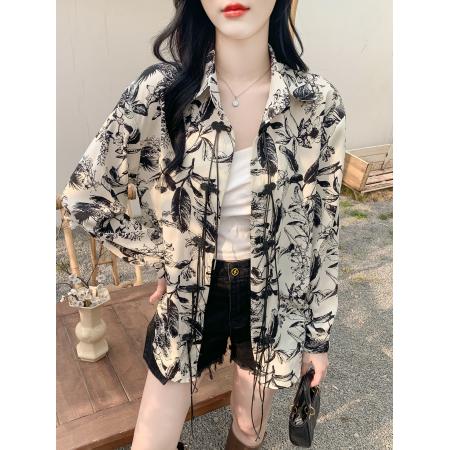 BY13375# 夏季复古水墨印花防晒衬衫设计感小众宽松国风上衣开衫 服裝批發女裝批發服飾貨源