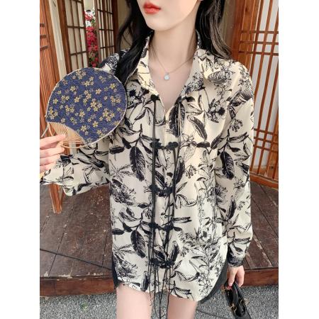 BY13375# 夏季复古水墨印花防晒衬衫设计感小众宽松国风上衣开衫 服裝批發女裝批發服飾貨源