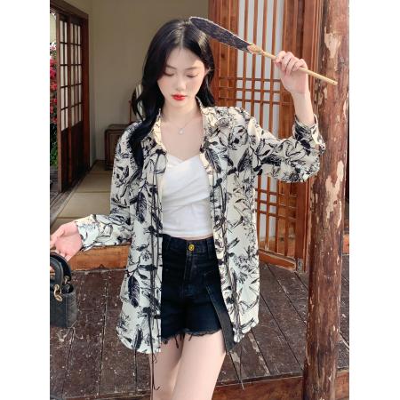 BY13375# 夏季复古水墨印花防晒衬衫设计感小众宽松国风上衣开衫 服裝批發女裝批發服飾貨源