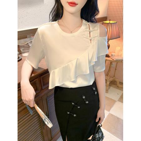 BY13376# 夏新款盘扣白色荷叶边露肩上衣短袖T恤小众设计感衬衫 服裝批發女裝批發服飾貨源