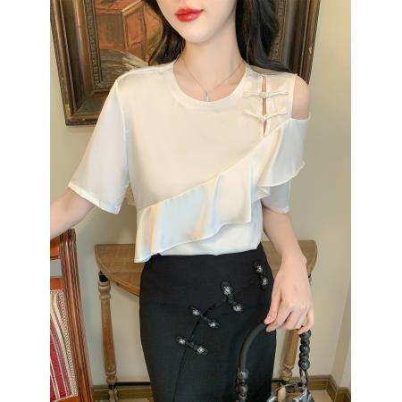 BY13376# 夏新款盘扣白色荷叶边露肩上衣短袖T恤小众设计感衬衫 服裝批發女裝批發服飾貨源