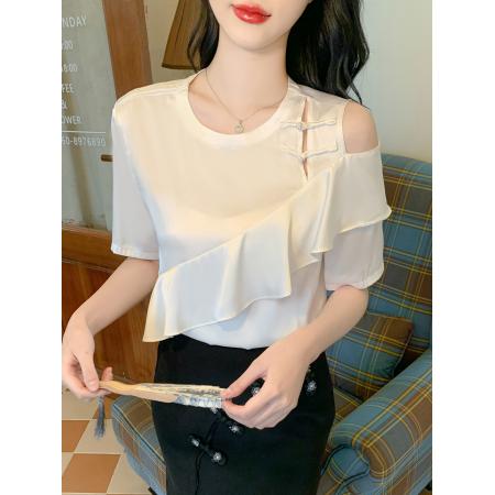 BY13376# 夏新款盘扣白色荷叶边露肩上衣短袖T恤小众设计感衬衫 服裝批發女裝批發服飾貨源
