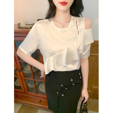 BY13376# 夏新款盘扣白色荷叶边露肩上衣短袖T恤小众设计感衬衫 服裝批發女裝批發服飾貨源