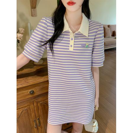 BY13377# 夏季新款宽松显瘦t恤裙子韩版polo领短袖条纹连衣裙女 服裝批發女裝批發服飾貨源