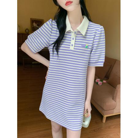 BY13377# 夏季新款宽松显瘦t恤裙子韩版polo领短袖条纹连衣裙女 服裝批發女裝批發服飾貨源