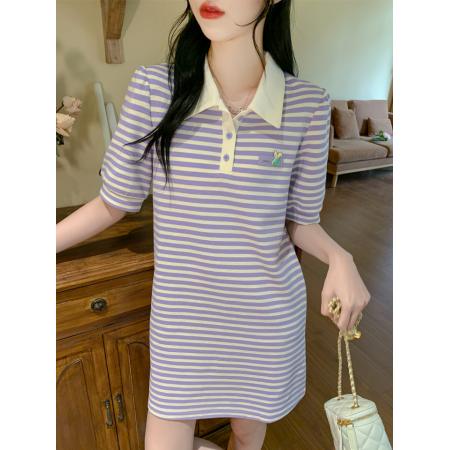 BY13377# 夏季新款宽松显瘦t恤裙子韩版polo领短袖条纹连衣裙女 服裝批發女裝批發服飾貨源