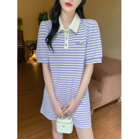 BY13377# 夏季新款宽松显瘦t恤裙子韩版polo领短袖条纹连衣裙女 服裝批發女裝批發服飾貨源