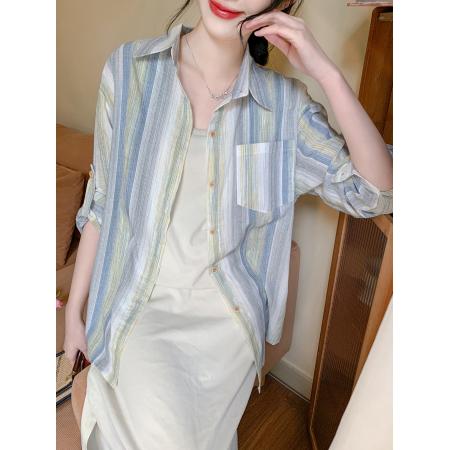 BY13378# 夏季新款竖条纹长袖中长款衬衫宽松设计感防晒衬衣外套 服裝批發女裝批發服飾貨源