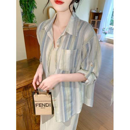 BY13378# 夏季新款竖条纹长袖中长款衬衫宽松设计感防晒衬衣外套 服裝批發女裝批發服飾貨源