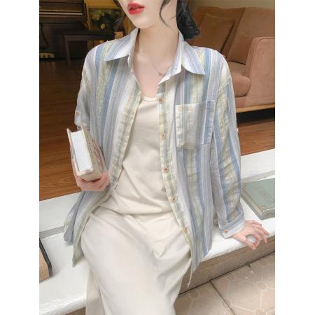 BY13378# 夏季新款竖条纹长袖中长款衬衫宽松设计感防晒衬衣外套 服裝批發女裝批發服飾貨源