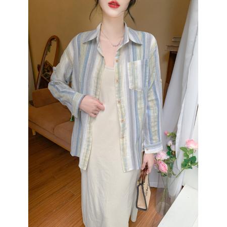 BY13378# 夏季新款竖条纹长袖中长款衬衫宽松设计感防晒衬衣外套 服裝批發女裝批發服飾貨源