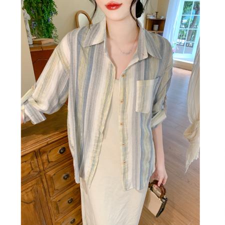 BY13378# 夏季新款竖条纹长袖中长款衬衫宽松设计感防晒衬衣外套 服裝批發女裝批發服飾貨源