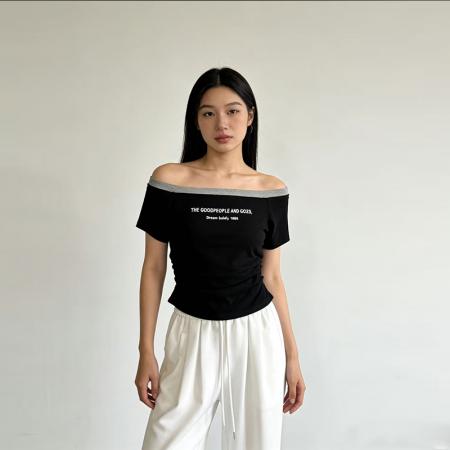 BY13381# 夏季设计感美式字母修身短款辣妹显瘦T恤上衣女 服裝批發女裝批發服飾貨源