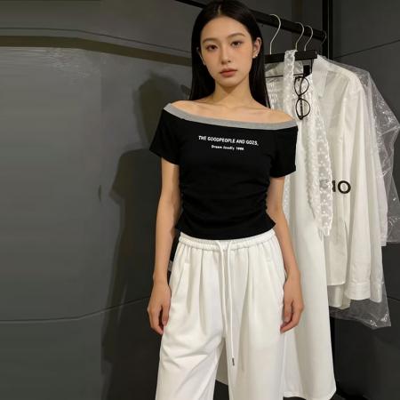 BY13381# 夏季设计感美式字母修身短款辣妹显瘦T恤上衣女 服裝批發女裝批發服飾貨源