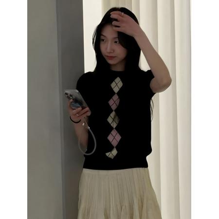 BY13383# 夏季新款韩系减龄百搭修身显瘦菱纹针织短袖t恤上衣女 服裝批發女裝批發服飾貨源