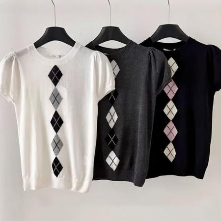 BY13383# 夏季新款韩系减龄百搭修身显瘦菱纹针织短袖t恤上衣女 服裝批發女裝批發服飾貨源