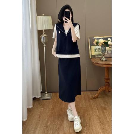 BY13384# 夏新款微胖大码女装假两件上衣百搭显瘦半身裙时尚两件套 服裝批發女裝批發服飾貨源