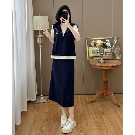 BY13384# 夏新款微胖大码女装假两件上衣百搭显瘦半身裙时尚两件套 服裝批發女裝批發服飾貨源