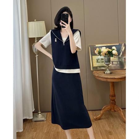 BY13384# 夏新款微胖大码女装假两件上衣百搭显瘦半身裙时尚两件套 服裝批發女裝批發服飾貨源