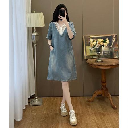 BY13385# 蕾丝拼接连帽连衣裙女夏季新款欧货大码裙子气质牛仔裙 服裝批發女裝批發服飾貨源