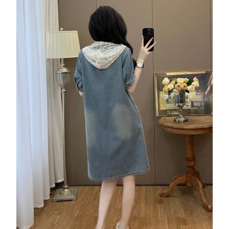 BY13385# 蕾丝拼接连帽连衣裙女夏季新款欧货大码裙子气质牛仔裙 服裝批發女裝批發服飾貨源